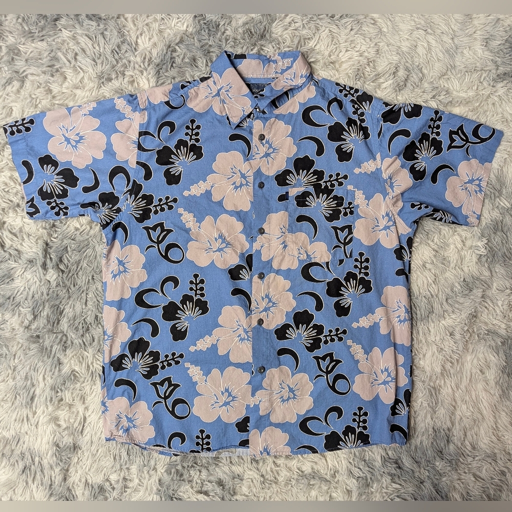 Vintage Pineapple Connection L Blue White Black Tropical Hawaiian Print Cotton